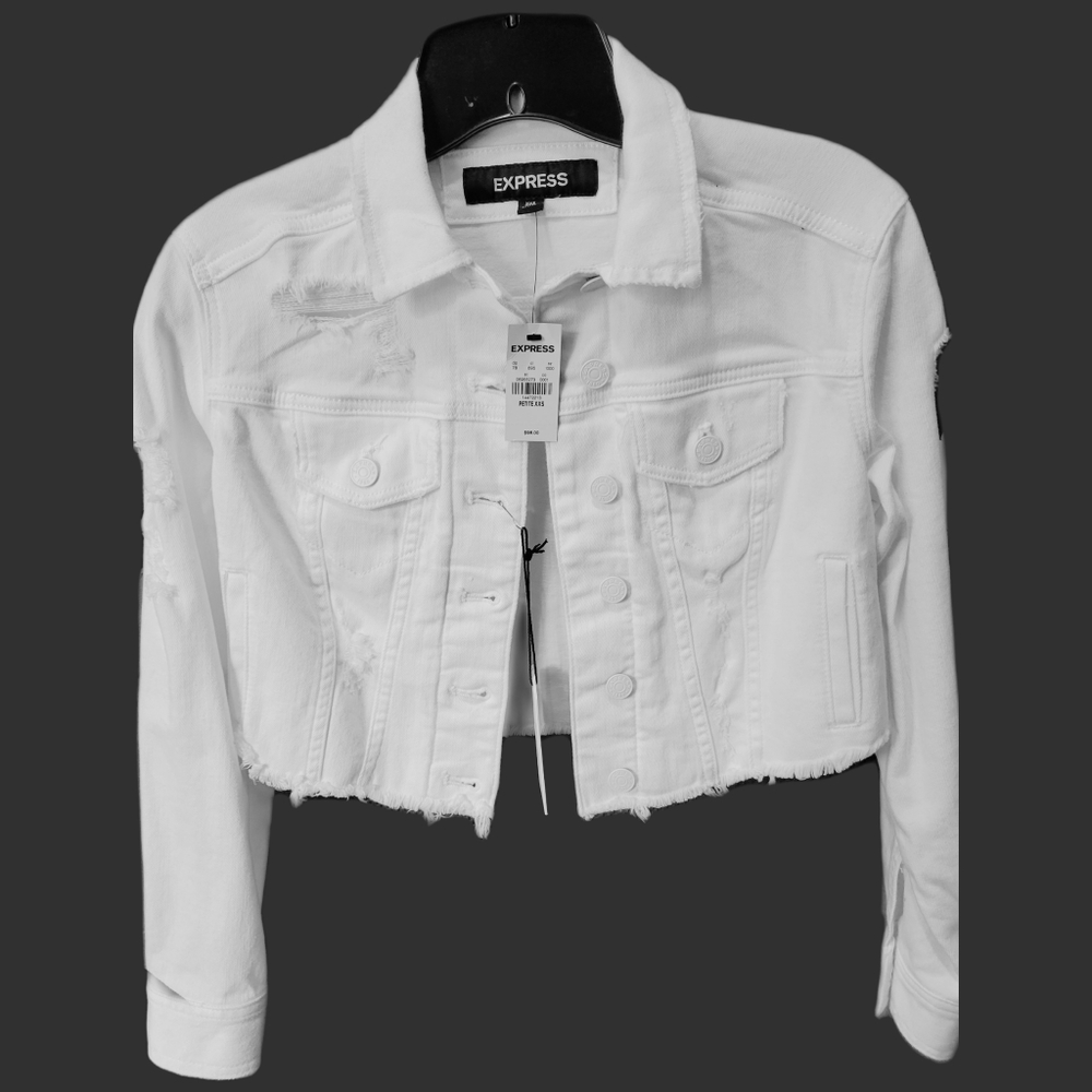 NWT Express XXS Petite Oversized White Distressed Cropped Denim Jacket w…